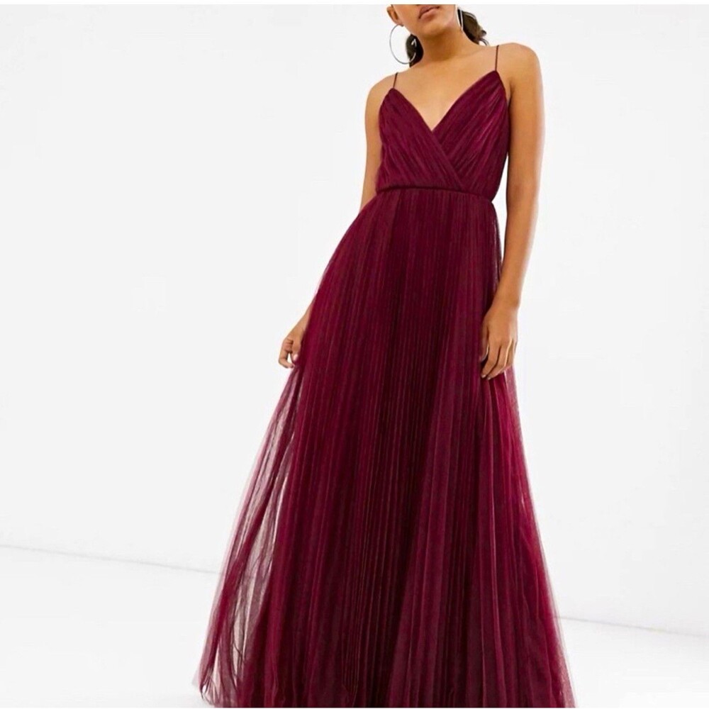 ASOS Burgundy Pleated Tulle V-Neck Strappy Sleeveless Maxi Dress Size 14
